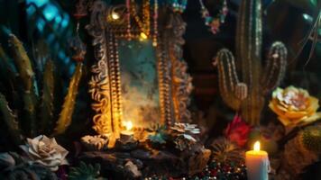 A flickering candlelit altar adorned with beaded ses and surrounded by sinisterlooking cacti. 2d flat cartoon video