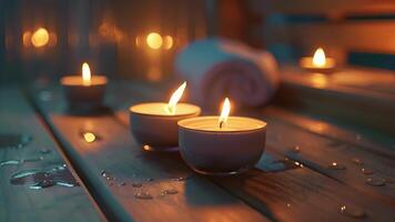 aromaterapi ljus mjukt belysning upp de bastu skapande en lugn och spaliknande atmosfär. video