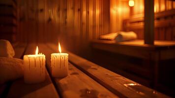 The soft glow of candlelight casting a calming ambiance in the sauna room. video