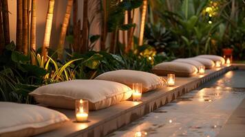 A serene corner of the resort adorned with soft cushions and flickering candles invites guests to relax and find inner peace through meditation. video