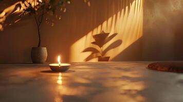ein Schnappschuss von ein schön und minimalistisch Meditation Zimmer mit ein Single Kerze leuchten das friedlich Atmosphäre. video