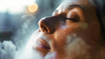 A person receiving an infrared sauna session with steam and heat helping to unclog pores and detoxify the skin. video