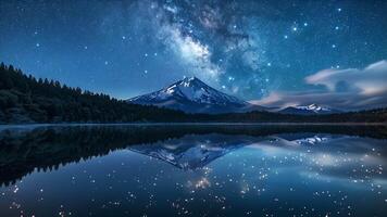 en lugn sjö spegelliknande i dess stillhet reflekterande en himmel av stjärnor och en avlägsen snötäckt topp. video