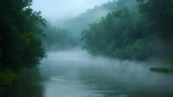 un devanado río envuelto en un Mañana niebla atractivo viajeros a deriva dentro un profundo dormir mientras escuchando a el calmante sonidos de naturaleza. video