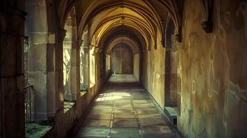 un image de une silencieux couloir dans un ancien une abbaye évoquant une sens de paix et solitude. video