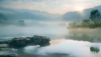 A soothing hot spring surrounded by foggy mountains providing the perfect setting for a peaceful and rejuvenating sleep. video