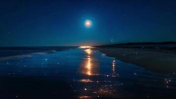 Como a lua sobe sobre místico luar de praia pegue perdido dentro a sobrenatural beleza do a bioluminescente plâncton e a cintilante reflexão em a areia. video