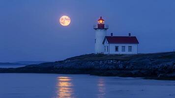 As the moon rises over the horizon the lighthouse casts a tranquil glow over the still waters below lulling sleepers into a peaceful slumber. video