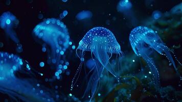 tomber endormi à le enchanteur lueur de bioluminescent créatures dansant sous le surface de le océan. video