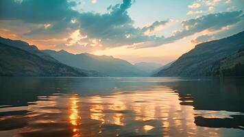 un tranquilo lago rodeado por montañas con el calmante sonido de agua lapeado en contra el apuntalar Proporcionar un sereno fondo para un noche de sosegado dormir. video