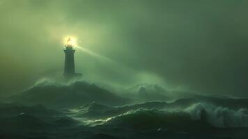 A lighthouse keeper scans the stormy sea with their trusty lantern ready to guide any lost ships to safety. The bright light atop the lighthouse pierces through the fog serving as video