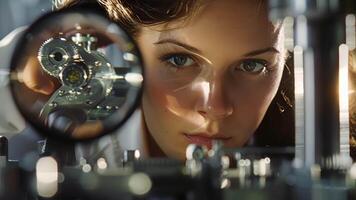 een precisie ingenieur peering door een vergroten glas Bij een complex mechanisme haar gezicht een portret van concentratie en nauwgezetheid. video