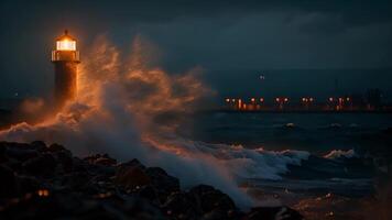 olas suavemente choque sobre el rocoso apuntalar haciendo el faros brillante haz brillar incluso más brillante en el oscuridad. video