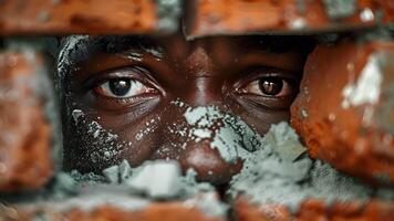 A portrait of a bricklayer their work meticulously applying mortar and fitting bricks into place. The concentration in their eyes and the sweat on their brow showcase the physical video