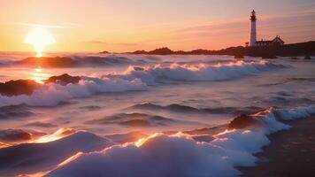 The setting sun casts a warm glow on the serene lighthouse nestled a the crashing waves and sandy shores. video