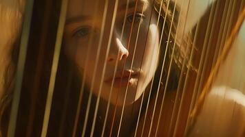 een sereen en contemplatief portret van een harpiste ondergedompeld in de vredig en melodieus tonen van hun klassiek muziek. video