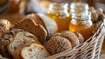 A variety of artisan breads from classic white to hearty rye arranged in a wicker basket and served with jars of honey jam and butter video