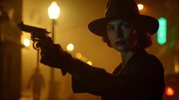 A woman in a sleek black dress stands under the glow of a streetlight the silhouette of her fedora framing her face. Her piercing gaze gives away nothing as she holds a revolver in video