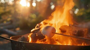 come il sole imposta al di sopra di il Treetops raccogliere in giro il fuoco di bivacco e arrosto marshmallows con il tuo amato quelli. sentire il calore di il fuoco e il vicinanza di il tuo amici video