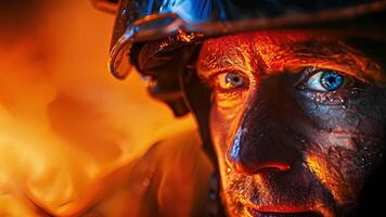The intense glow of a burning building casts eerie shadows on the determined face of a firefighter their protective gear and equipment a stark contrast to the chaos and destruction video