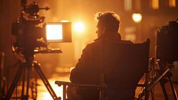 The bright lights of the film set cast a warm glow on the director lounging comfortably in their chair as they oversee the production. video