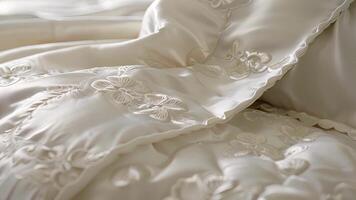 uma seda edredon cobrir com intrincado floral costura deitado sobre uma pelúcia baixa edredom adicionando uma toque do elegância para a cama video