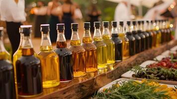 en visa av annorlunda flad oliv oljor och balsamisk vinäger för gäster till blanda och match skapande deras egen personlig smak kombinationer video