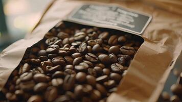 A bag of freshly roasted coffee beans with a label describing the origins and flavor profile of the blend video