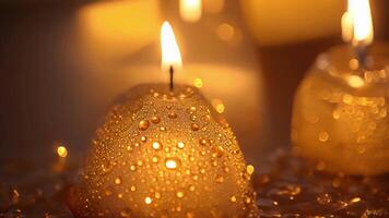 The golden hues of candlelight reflect off the tearshaped droplets of scented essential oils used in the soapmaking process video