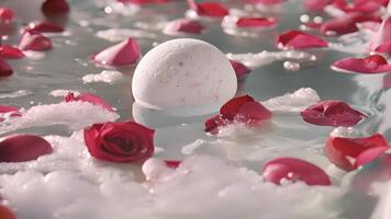 A bathtub filled with warm water and rose petals ready for a deliciously scented bath bomb to be dropped in video