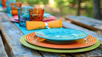 brillantemente de colores platos y servilletas conjunto arriba en un de madera picnic mesa agregando un toque de encanto a el al aire libre ajuste video