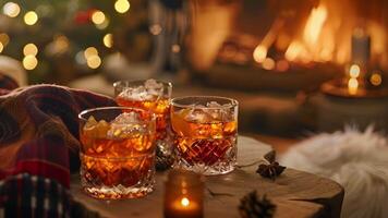 un' accogliente focolare sala fornisce il ideale ambientazione per un' inverno mestiere cocktail ora completare con caldo bevande e festivo cocktail video