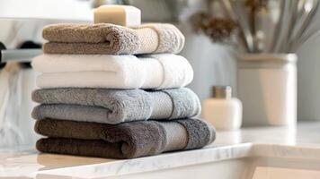 un' pila di soffice bagno asciugamani fatto di egiziano cotone visualizzazione il ricco colore e spessore di il tessuto video