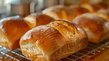 pagnotte di pane raffreddamento su un' filo cremagliera loro delizioso aroma Riempimento il camera e allettante il spettatori gusto mini cuffie video