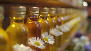 Aromatherapy massage oils including chamomile and bergamot are neatly displayed on a shelf ready to be used for relaxation video