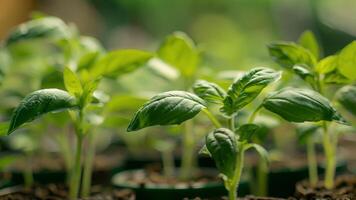 A closeup of delicate basil leaves growing in a mini herb garden ready to be used in a Caprese salad video