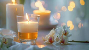 The gentle flicker of a vanilla orchid scented candle bringing a sense of serenity to a spa room while sipping on herbal tea video