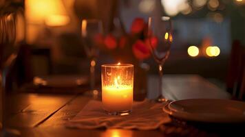 une romantique Date nuit à Accueil avec une table ensemble pour deux et une Célibataire bougie brûlant doucement création un intime atmosphère video