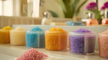 A set of colorful exfoliating scrubs are tered across a bathroom counter each tailored to different skin types and concerns video