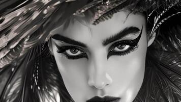 A black and white closeup shot of a models face framed by a dramatic feathered headpiece showcasing intricate makeup and bold brows video