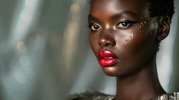 A closeup shot of a model gazing at the camera with intense smoky eyes and bold red lipstick wearing a structured metallic gown video