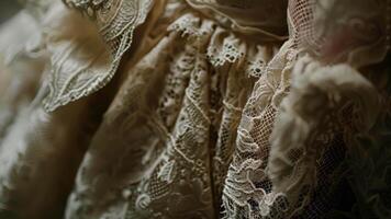 Intricate lace details adorn a womans dress as she basks in the beauty of the performance video