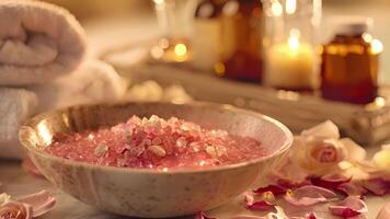 A spalike setting with a bowl of rose petals a towel and a tray of different scented bath salts and oils video