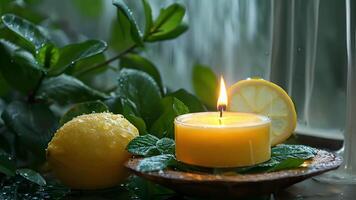 a pacífico som do chuva lado de fora enquanto uma citrino perfumado vela preenche a ar com a refrescante odor do limão e hortelã video