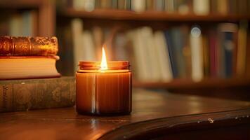 A graceful handcrafted candle in a vintageinspired glass jar releasing notes of bergamot and amber into a cozy library video