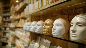 A set of luxurious face masks are displayed on a shelf waiting to be used as a weekly treat for the skin video