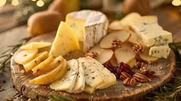 A feast for the eyes and taste buds featuring an assortment of gourmet cheese wheels and wedges such as tart cranberry Wensleydale and smoky gouda accompanied by delicate slices o video