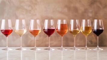 A variety of wine glasses are lined up on the table each representing a different type of wine that the host has carefully chosen for the book club video