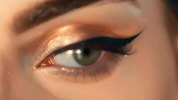 A close up of a gl eye enhanced with perfectly applied winged eyeliner and rich pigmented eyeshadow video