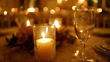 The flickering light of scented candles illuminates the room casting a warm glow over the elegant table setting video